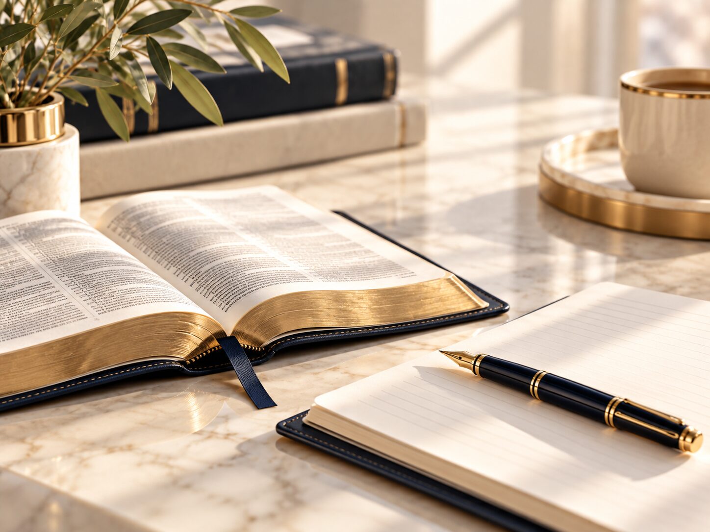 Sunlit Bible study scene with an open Bible, journal, and warm natural light.