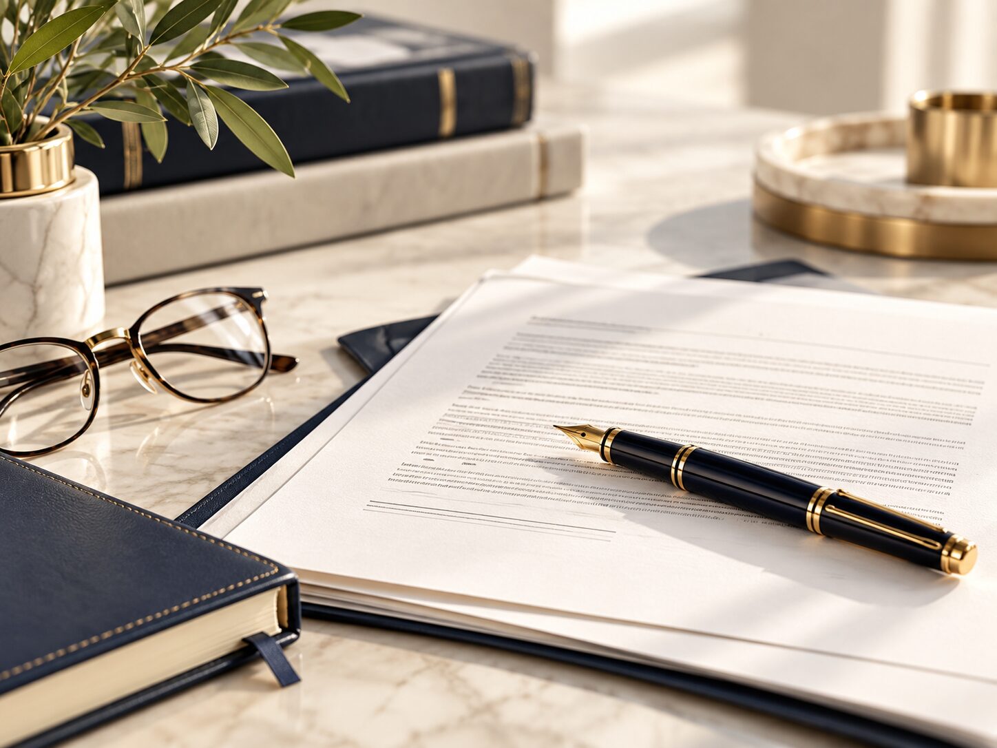 Elegant legal workspace with contract documents and a refined desk setup.