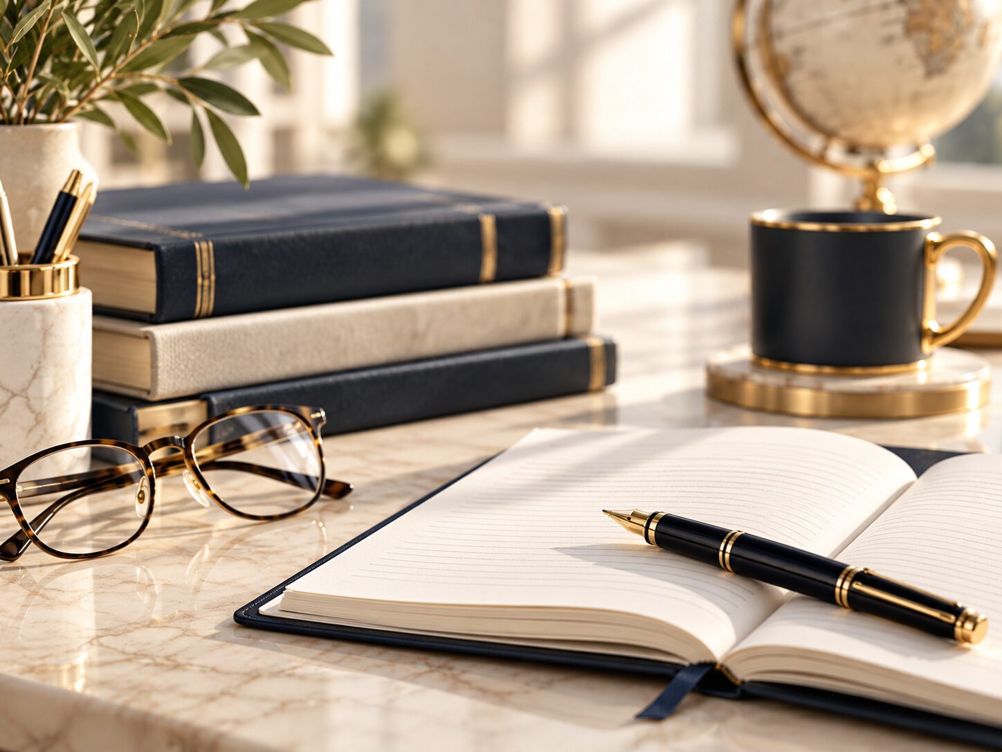 Refined study workspace with books, notes, and teaching materials.